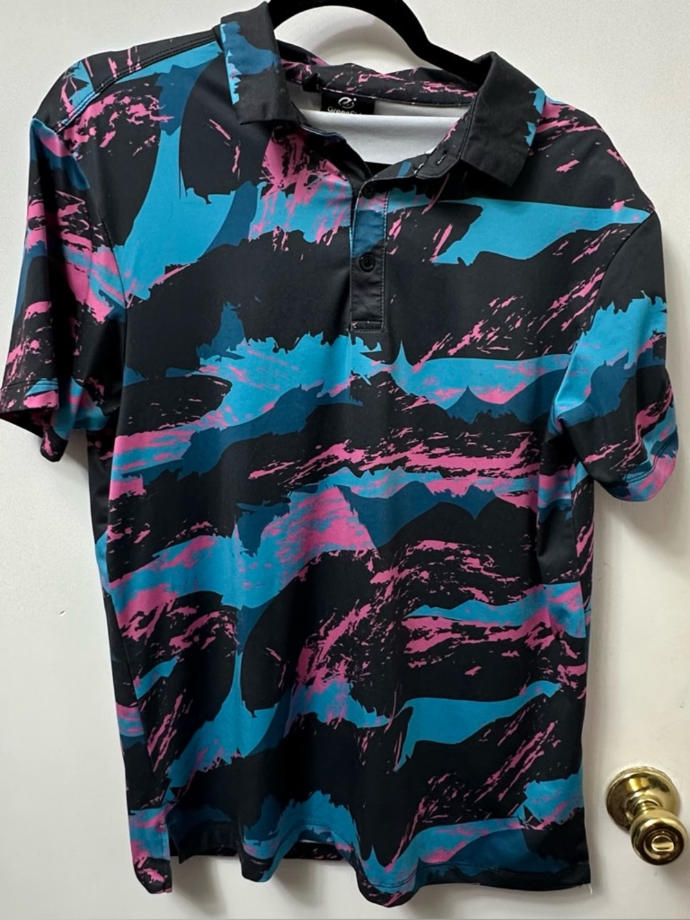 Men's Black Polo with Teal and Pink Abstract Waves